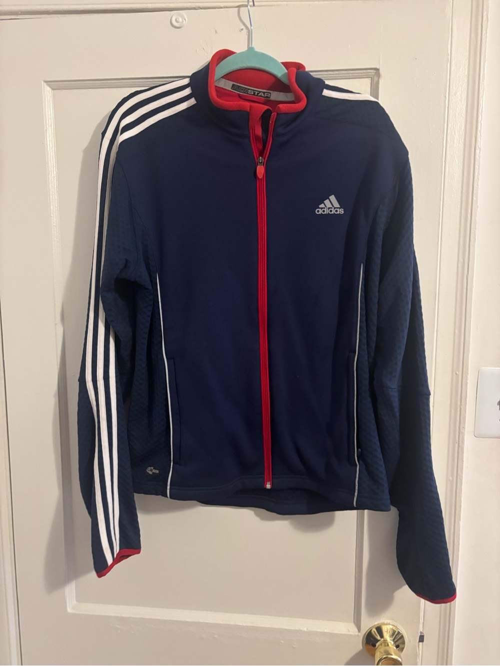 adidas Navy Jacket with White Stripes and Red Trim